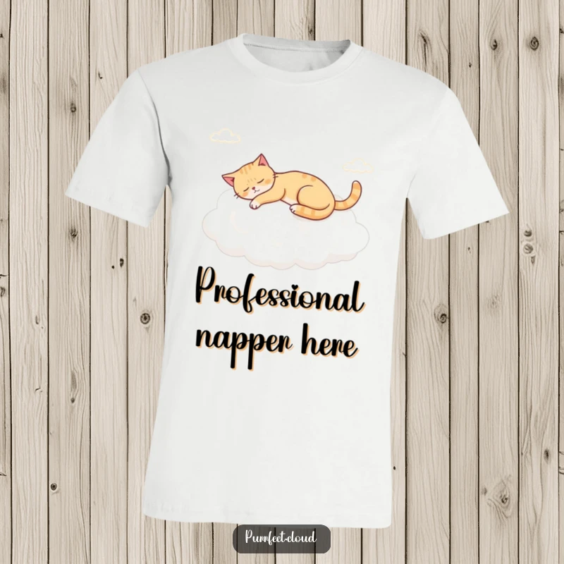 Funny napping cloud cat t-shirt, a peaceful feline dreaming on a fluffy cumulus cloud.