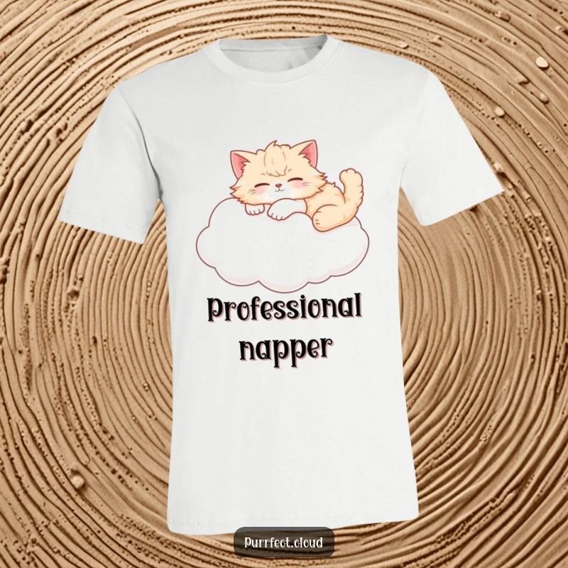 Funny cat t-shirt with a contented, fluffy cat napping peacefully on a soft, ethereal cloud.