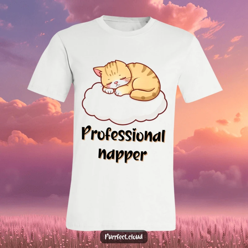 Funny Cat T-Shirt, a serene cat sleeping soundly on a fluffy cloud, depicting ultimate peace and comfort, ideal for cozy wear.