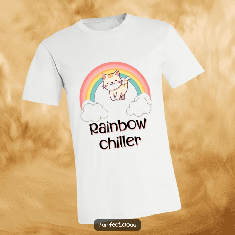 Funny rainbow sliding cat t-shirt, showing a happy cat smoothly sliding down a colorful rainbow above soft clouds, a delightful graphic.