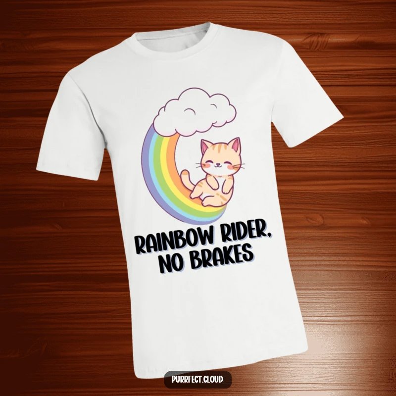 Funny cat t-shirt, a cat gleefully slides down a rainbow from a cloud, vibrant and playful design.