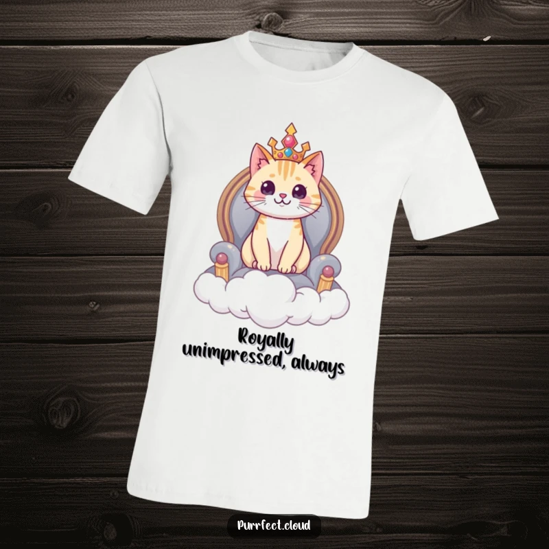 Funny cat t-shirt, depicting a cat sitting regally on a fluffy cloud throne, royal feline attire.