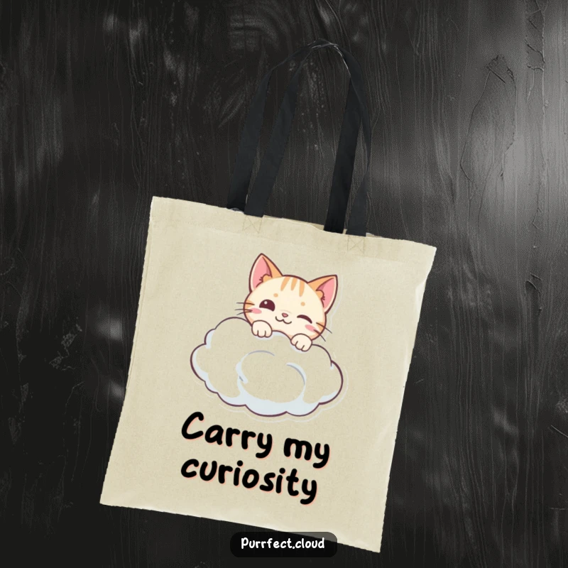 Funny tote bag with a curious cat peeking over the edge of a cloud, offering a glimpse of its playful nature.