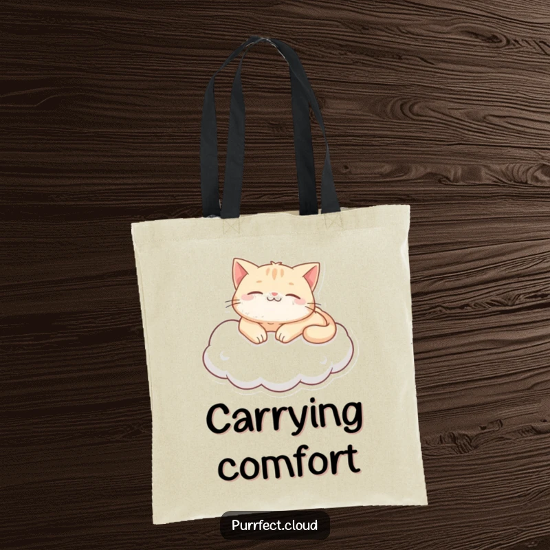 Funny purring cat cloud tote bag, depicting a content cat lounging on a cloud, a stylish and comforting accessory for carrying essentials.