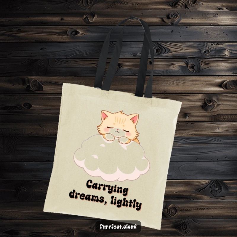 Funny Fluffy Cat Tote Bag illustrating a cat asleep on a soft cloud, a cute and practical accessory.