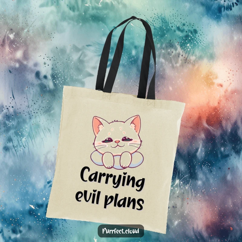 Funny tote bag featuring a cat with a mischievous grin looking down from a cloud, perfect for carrying secrets and daily essentials.