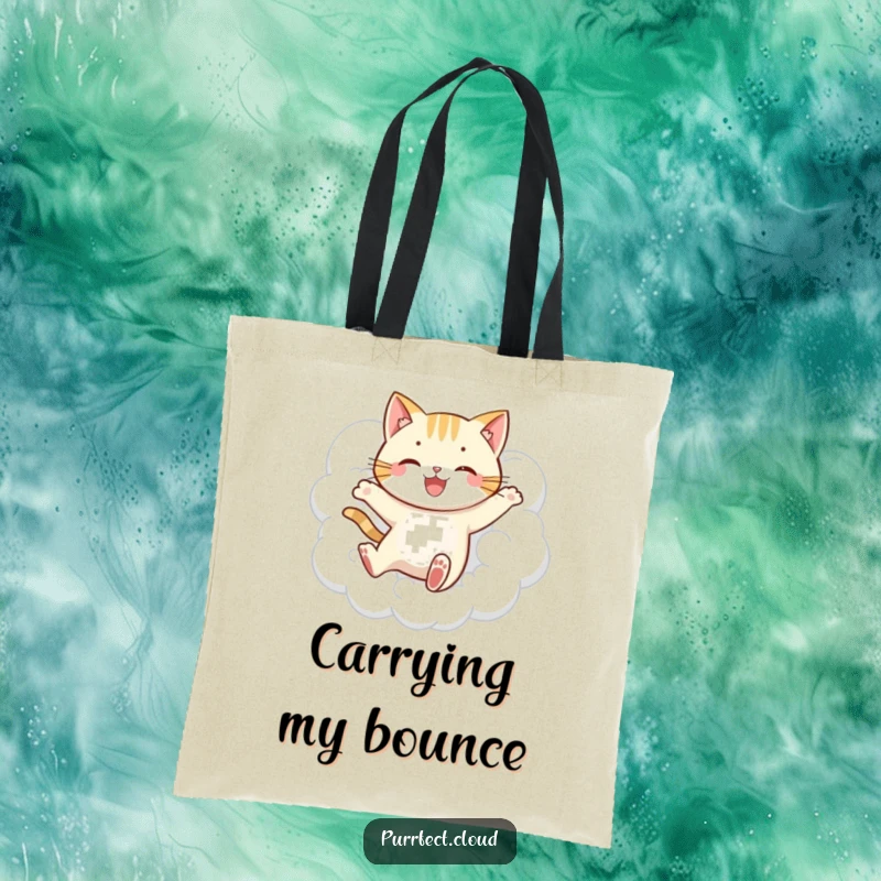 Funny jumping cat cloud tote bag, depicting a playful cat leaping through fluffy clouds, a stylish and whimsical accessory for daily use.