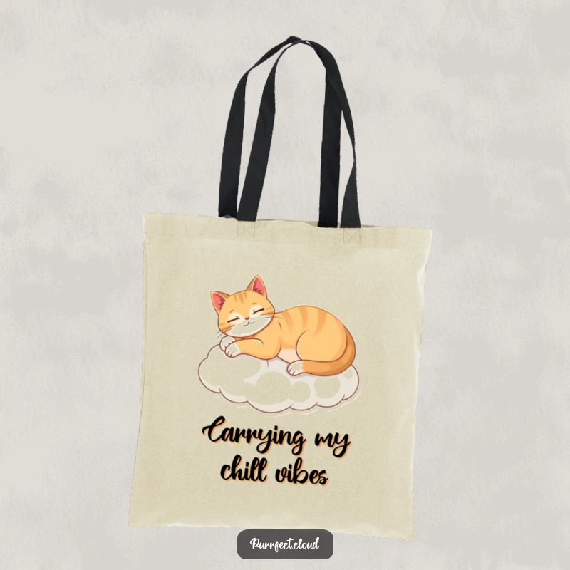 Funny tote bag with a tranquil cat stretching elegantly on a soft cloud, perfect for carrying items with a dose of humor.