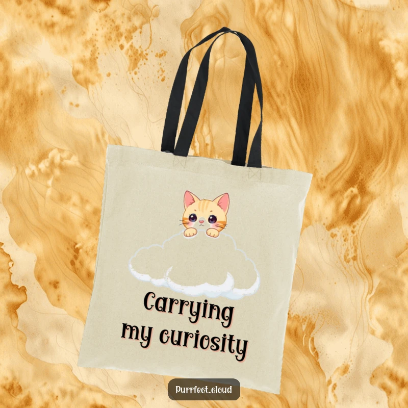 Funny curious cat cloud tote bag with a cat peeking over a cloud's edge, great for shopping and curious minds.