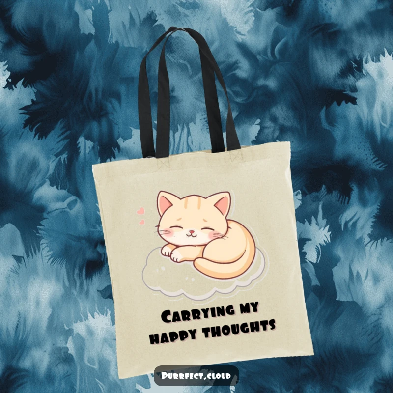 Funny tote bag featuring a smiling cat dreaming on a cloud, a charming and humorous accessory for daily use.