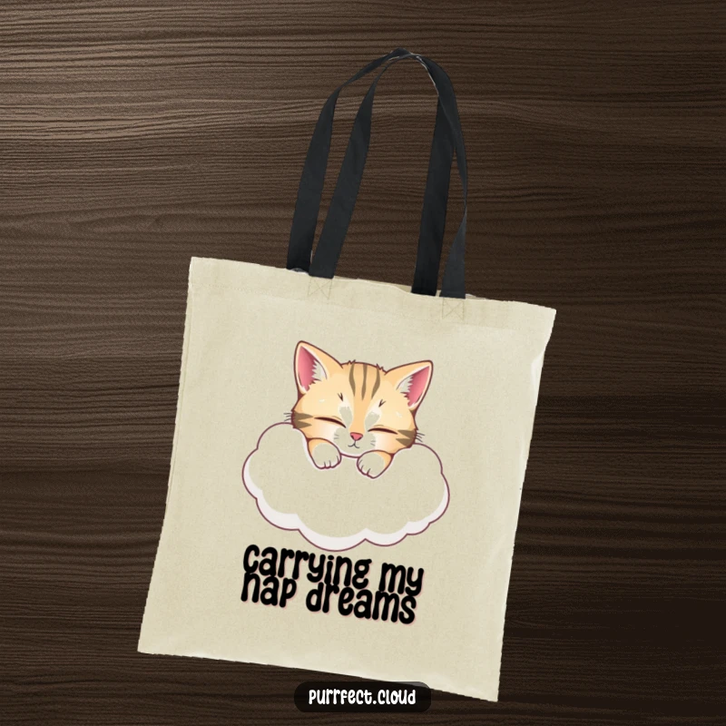Funny Cat Tote Bag: Adorable wide-eyed cat napping on a fluffy cloud, perfect for carrying essentials with a touch of humor. A funny gift.