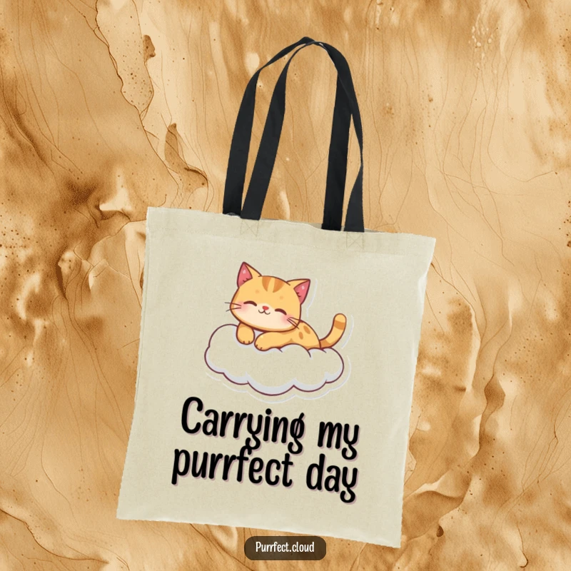 A ginger cat character peacefully floating on a cloud adorns this durable and funny tote bag.