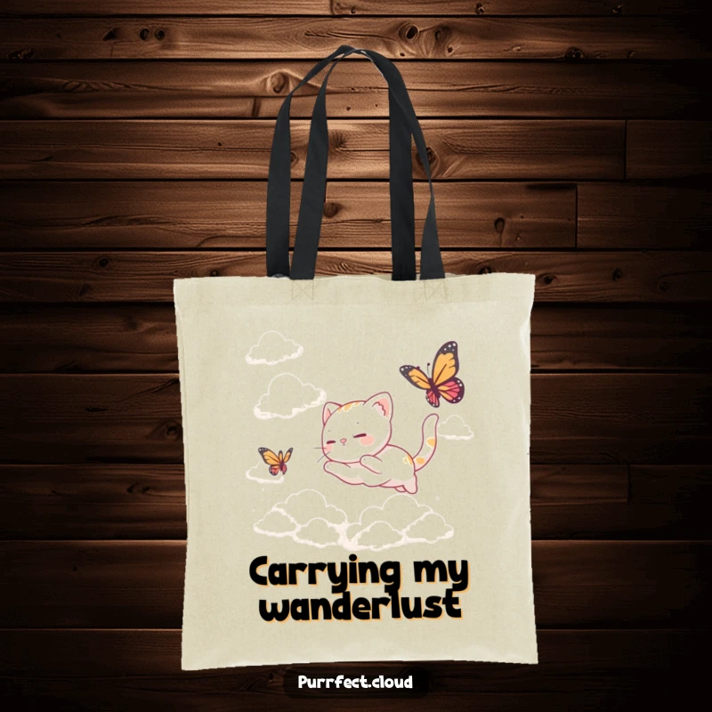 Funny Tote Bag: Features a cat chasing a butterfly amidst soft clouds, perfect for carrying your everyday essentials whimsically.