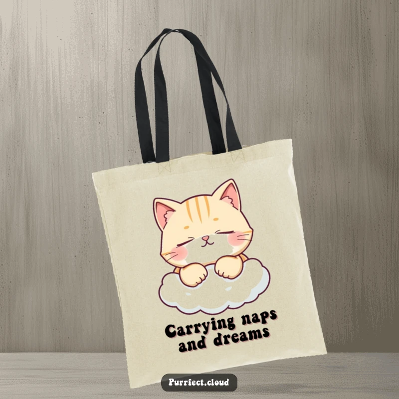 Funny tote bag showcasing a cat with eyes closed, joyfully purring on a cloud, perfect for carrying essentials with a smile.
