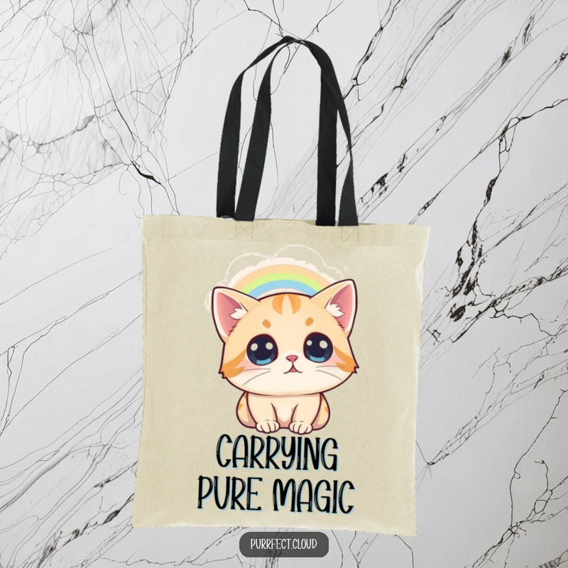 Funny Cat Rainbow Tote Bag, a cat looks at a rainbow from a cloud, amazed, cute and practical accessory.