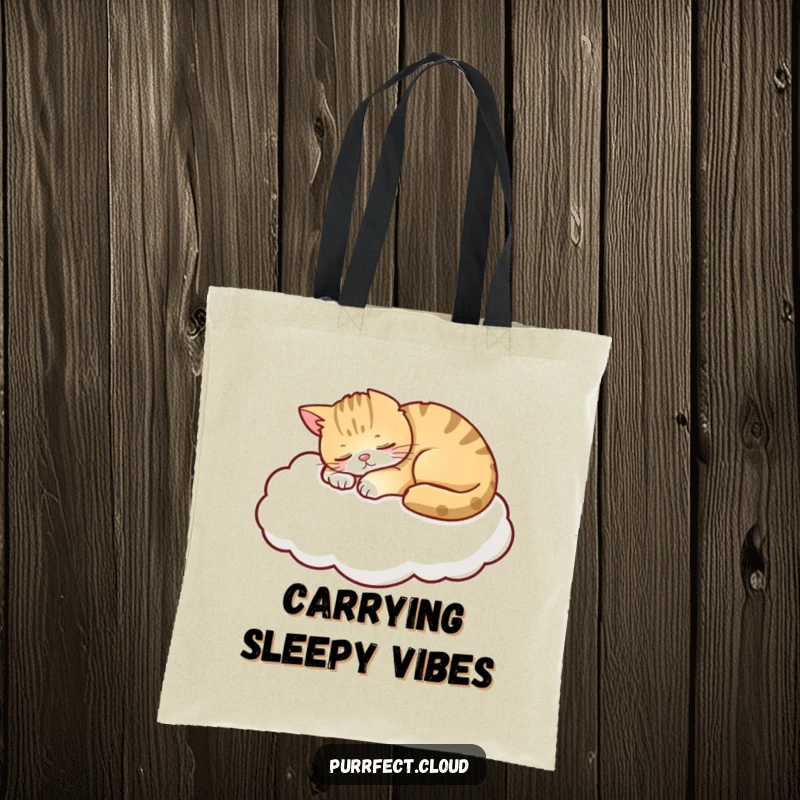 Funny Cat Tote Bag, a serene cat napping on a fluffy cloud, ideal for carrying essentials with a peaceful and whimsical feel, a calm accessory.