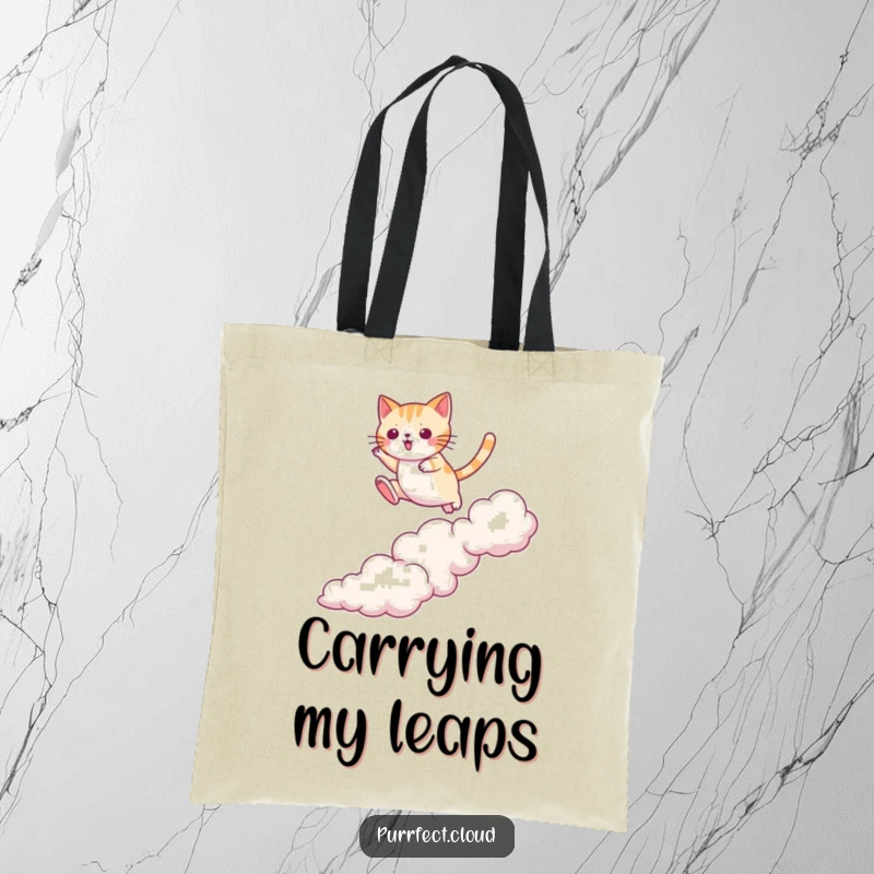 Funny cat tote bag depicting a cat jumping between clouds with agility, carrying essentials with style, a great funny gift.