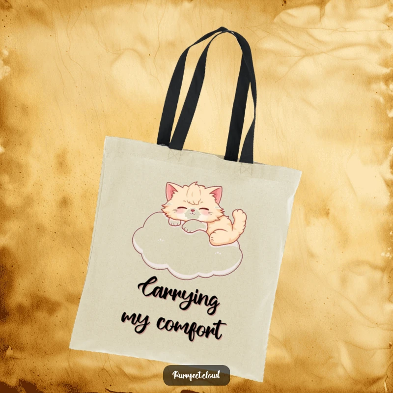 Funny cat tote bag depicting a fluffy cat lounging peacefully atop a soft, dreamy cloud.