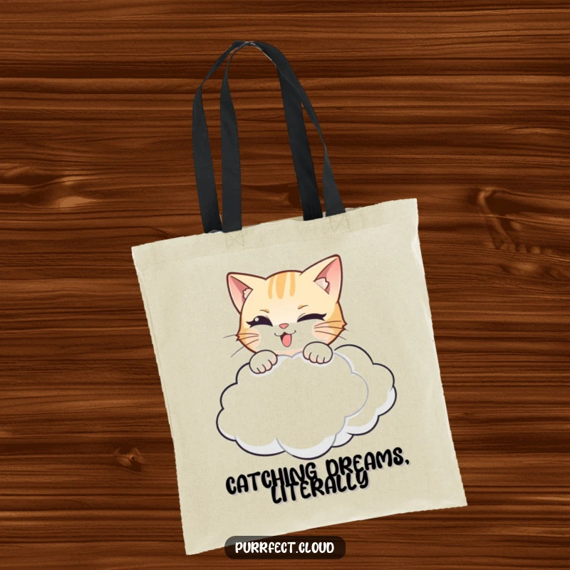 Funny cat tote bag with a mischievous cat in full pounce, aiming for a light, drifting cloud.