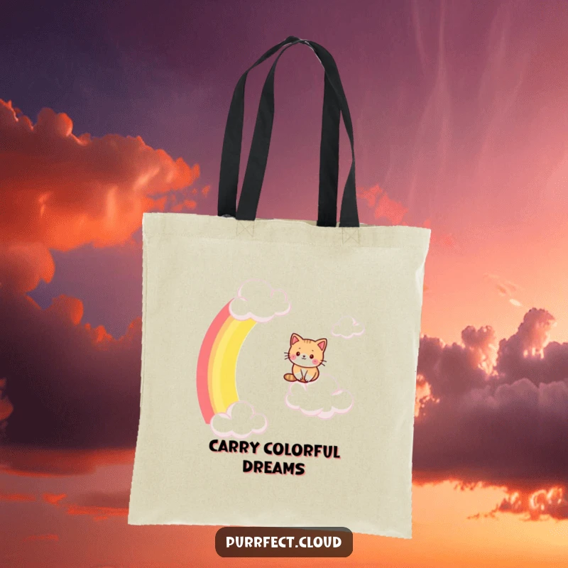 Funny cat tote bag, featuring a cat sliding down a vibrant rainbow, perfect for carrying essentials with a touch of magic.
