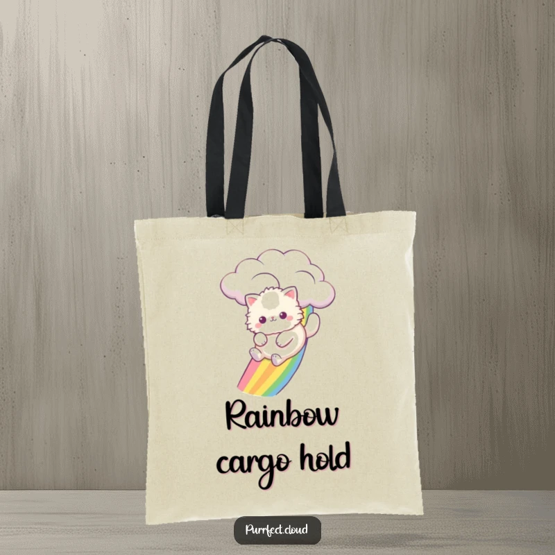 Funny cat gleefully sliding down a colorful rainbow from a cloud onto this spacious and stylish tote bag.