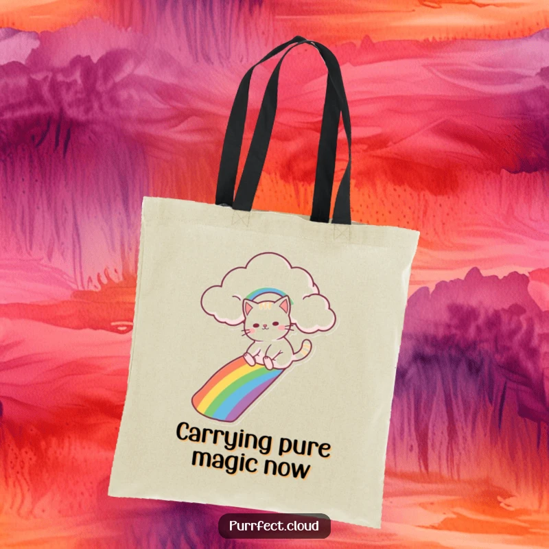 Funny cat character joyfully sliding down a rainbow from a cloud, printed on a durable and charming tote bag for everyday use.