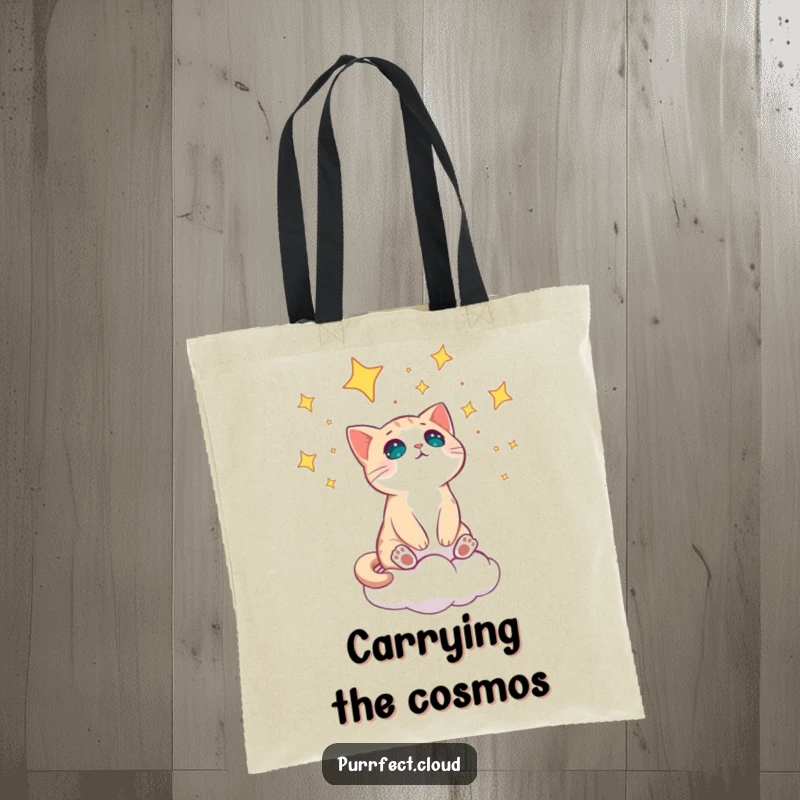 Funny cat on a cloud looking amazed at the stars on a durable and stylish tote bag.