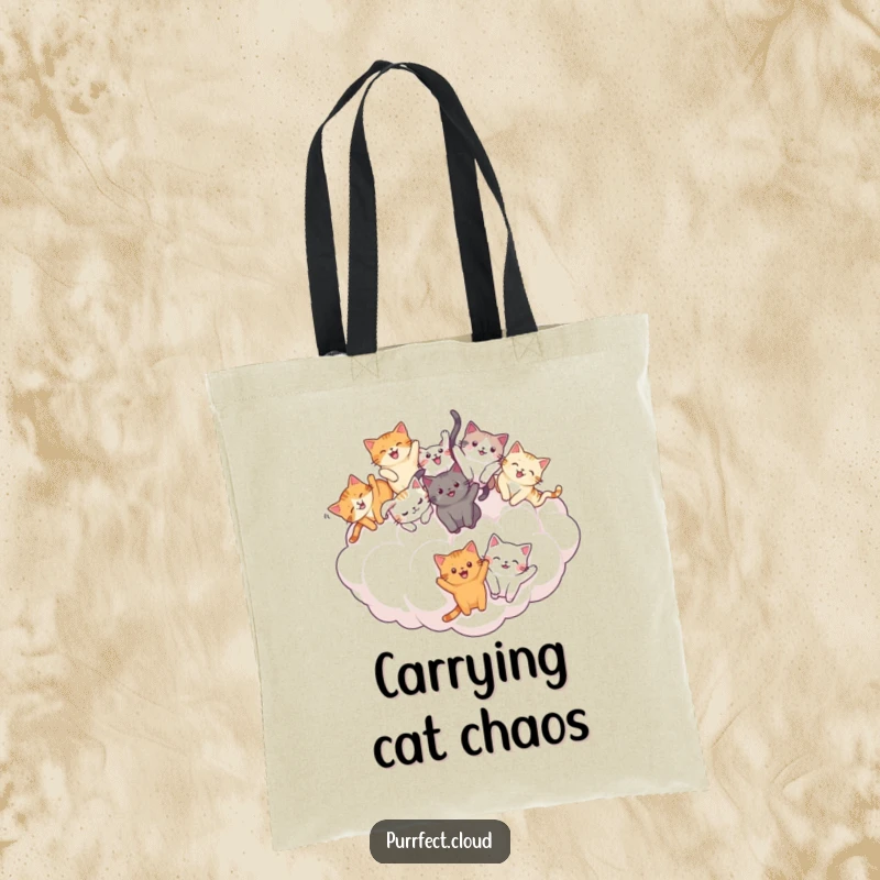 Funny Cat Tumble Tote Bag: Group of cats joyfully playing on a cloud, ideal for carrying items with a dose of playful humor. A funny gift.