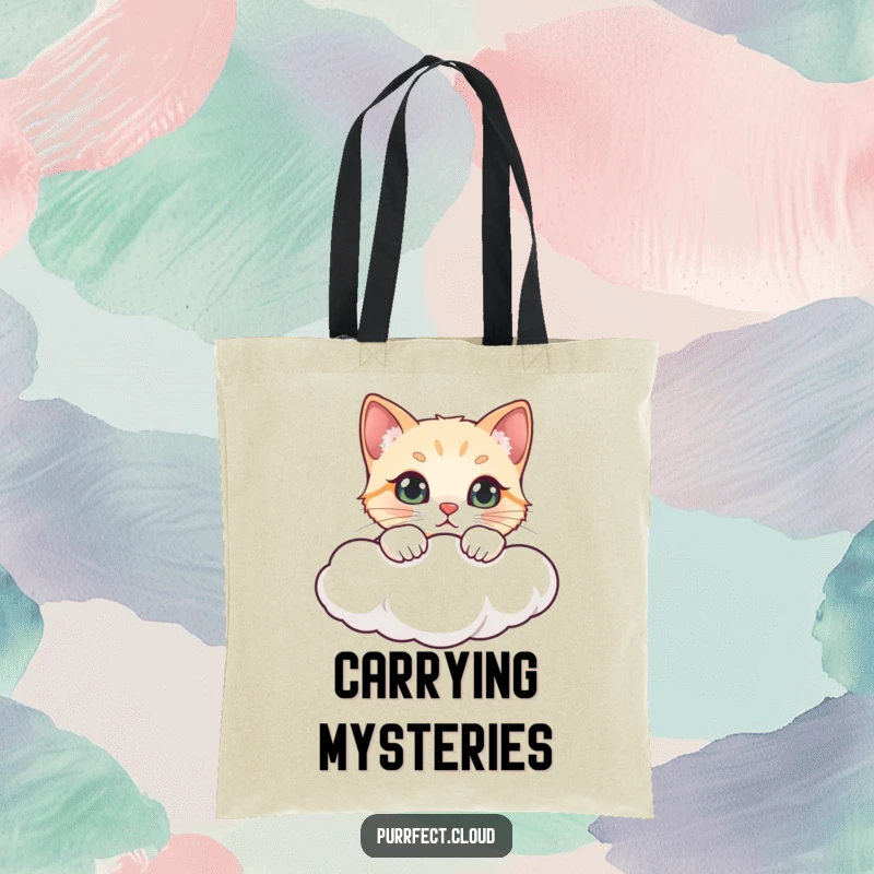 Funny tote bag showcasing a cat peeking over a cloud, ideal for carrying items with a humorous feline flair.