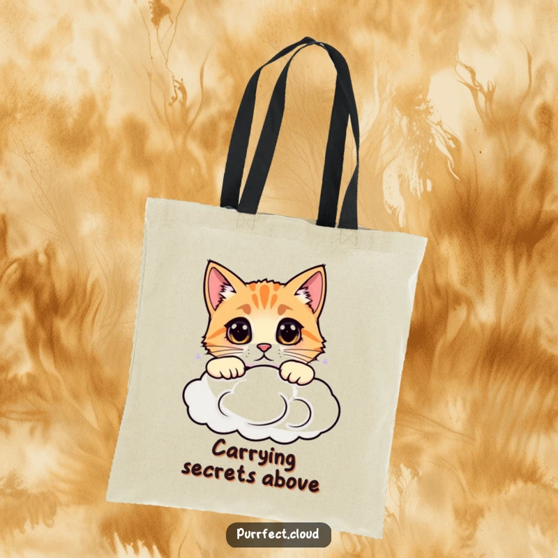 Funny tote bag with a curious cat peeking over a cloud, showcasing a humorous travel-ready feline, perfect for shopping.