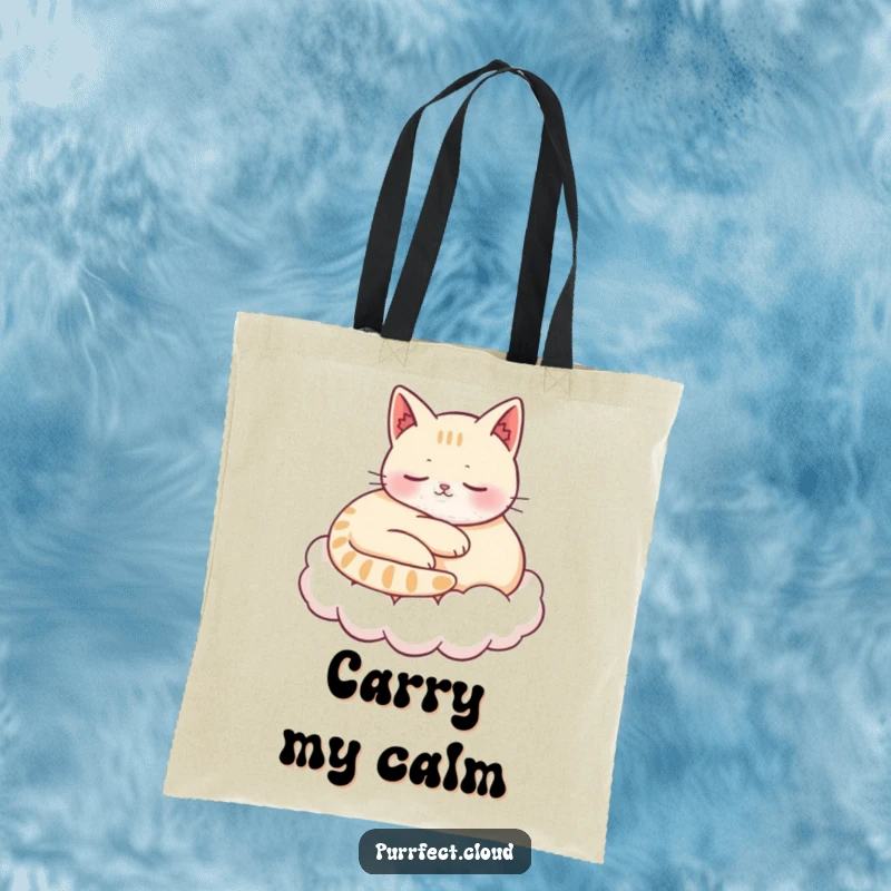 Funny tote bag with a content cat curled up and purring on a cloud, symbolizing peace and gentle happiness.