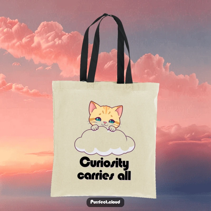 Funny Curious Cat Tote Bag: A cat peering over a cloud's edge, looking down inquisitively, ideal for carrying items with humor. A funny gift.