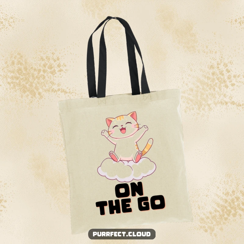 Funny Cat Tote Bag, a joyful cat leaping between clouds, ideal for carrying essentials with energy and a whimsical, adventurous feel.