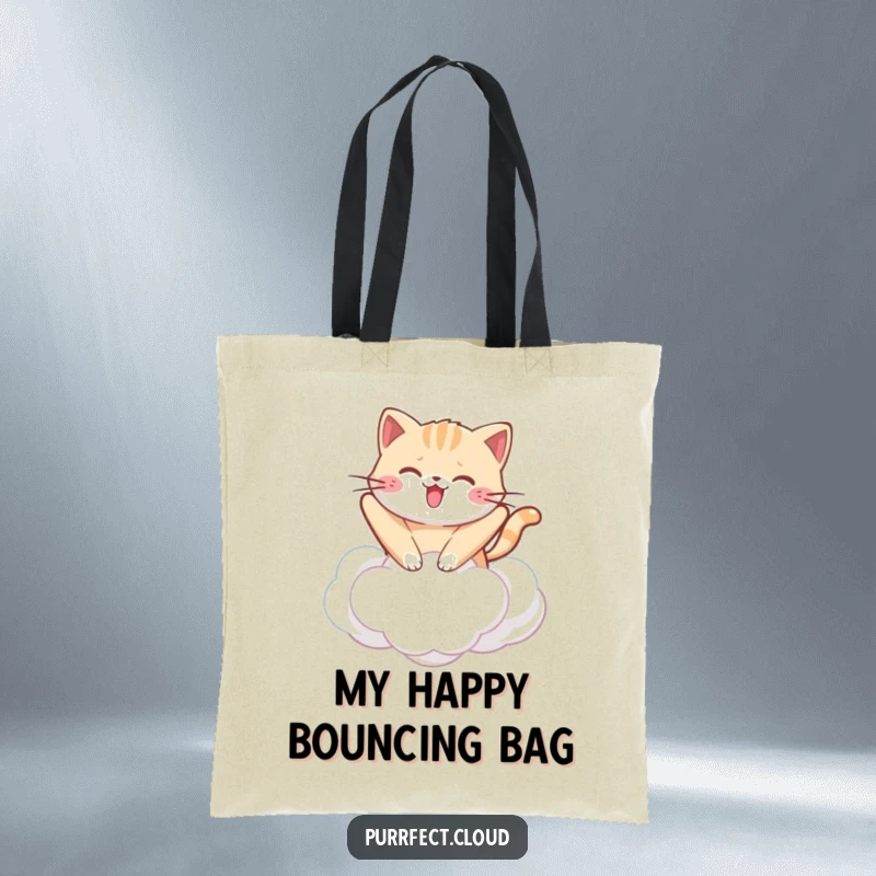 Funny kawaii cat tote bag depicting a cute cat bouncing on a cloud, practical and brimming with adorable humor.