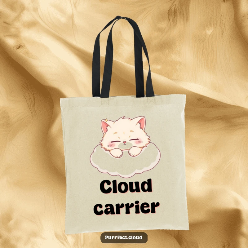 Funny fluffy cat sound asleep on a plush white cloud, creating a serene and humorous scene on this tote bag.