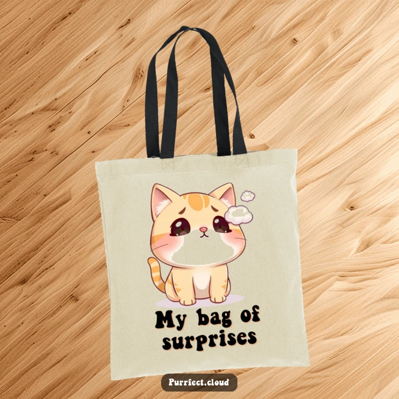 Funny cat tote bag depicting a surprised cat being tickled by a cloud, practical and humorous for everyday use.