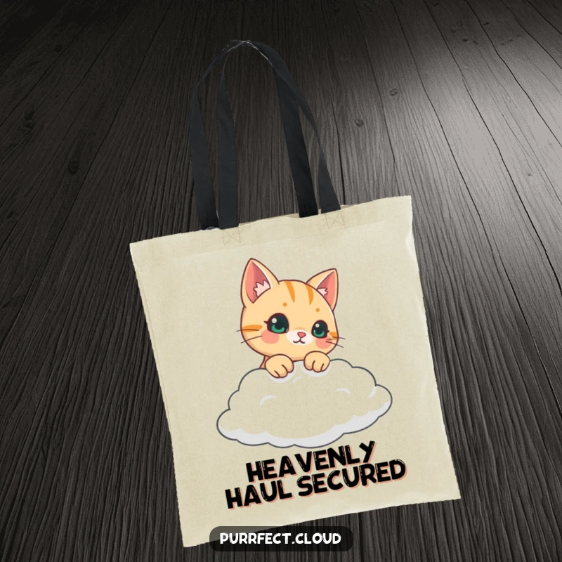 Funny curious cat peeking over a fluffy cloud, durable tote bag, perfect funny gift for cat enthusiasts.