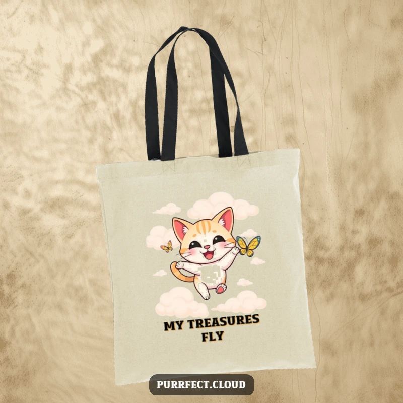 Funny happy cat chasing a butterfly amidst soft clouds, printed on a stylish and practical tote bag.